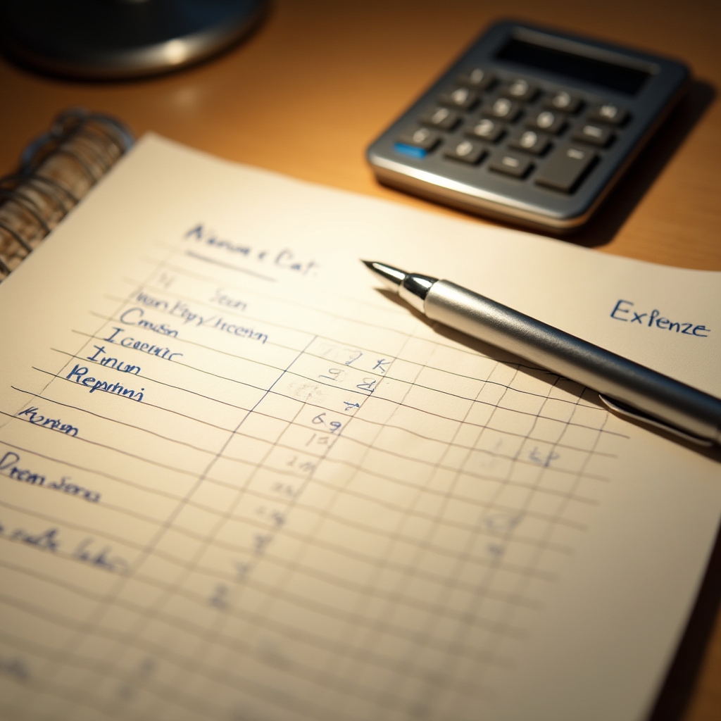 Close-up of a handwritten budget document with a pen and calculator