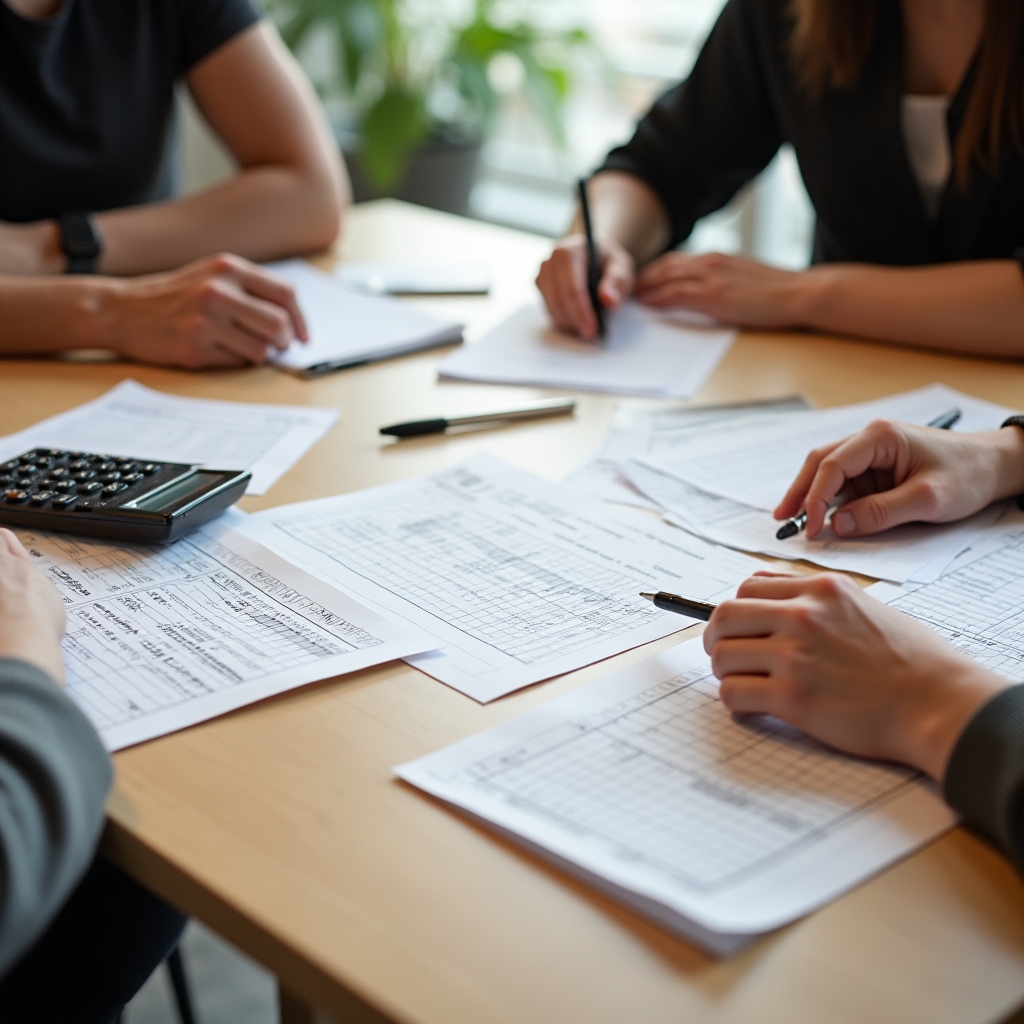 Two people working at a table with papers, a calculator and a printed budget worksheet