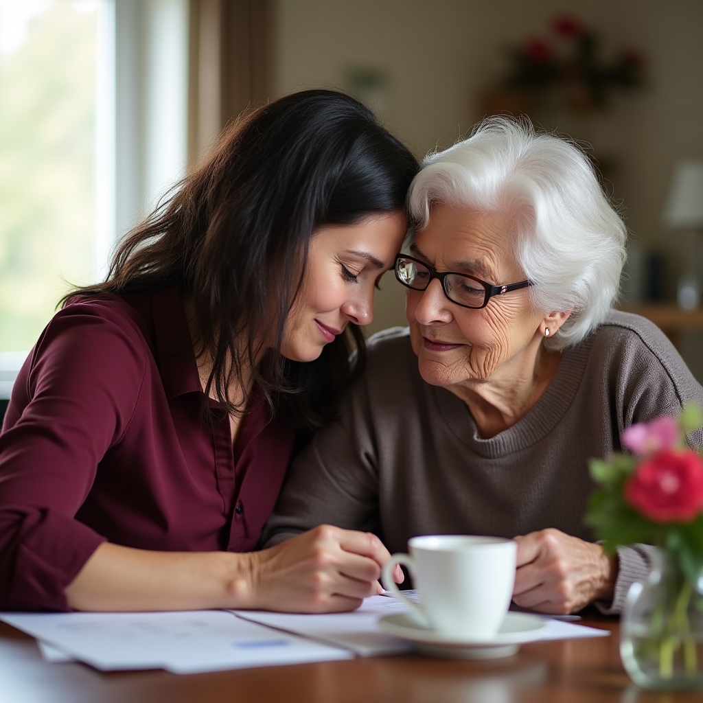 Adult daughter and elderly mother having a warm conversation at a dining table