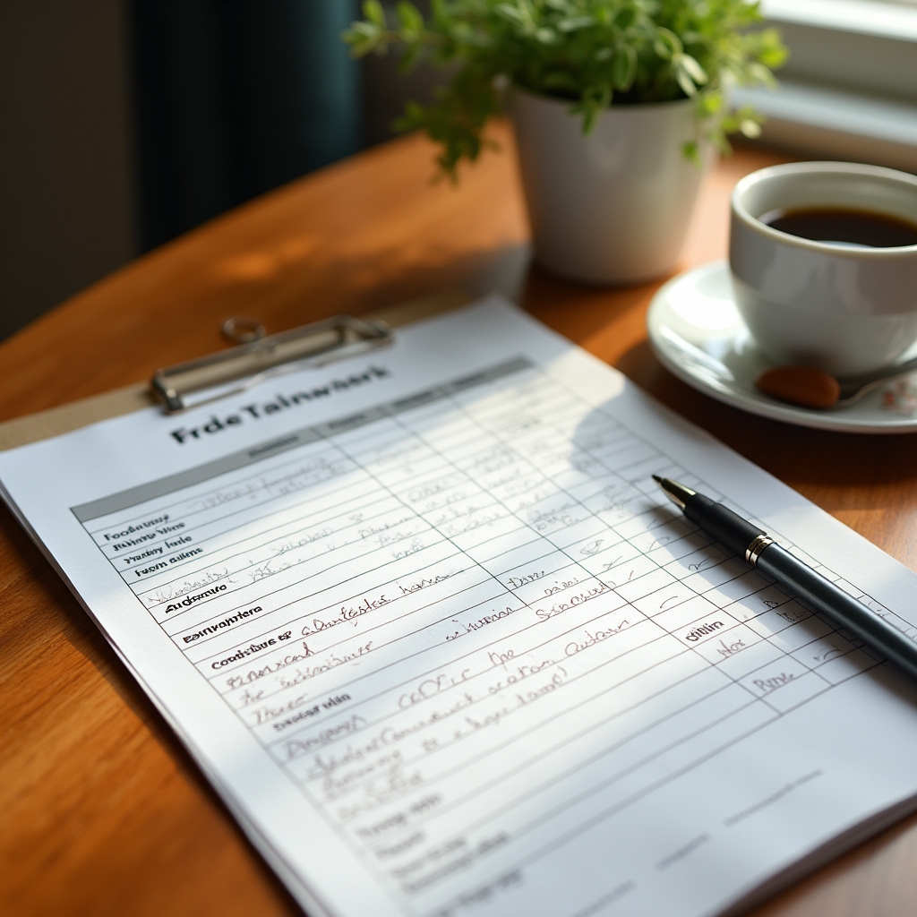 Printed personal budget document on a wooden desk with a pen beside it