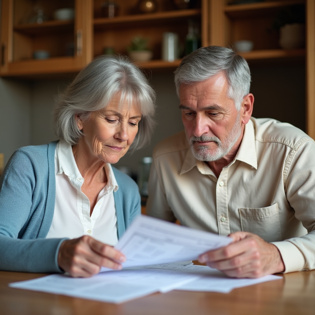 Croatian retiree couple reviewing papers at kitchen table