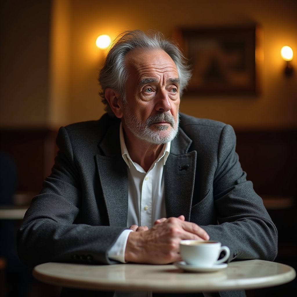 Older Croatian man sitting thoughtfully at a cafe table in Zagreb